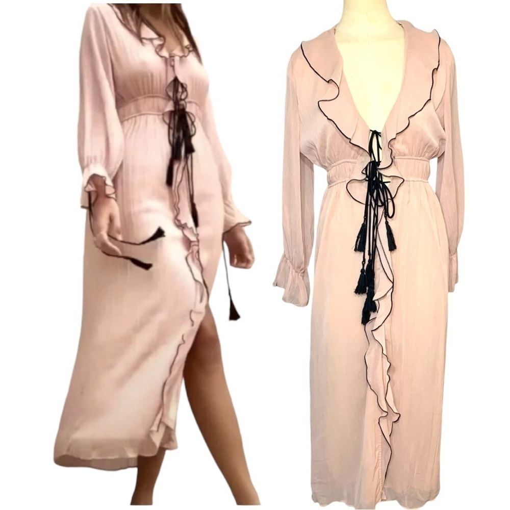 Zara Ruffled Pink Sheer Chiffon Dress Sz XS Long Sleeve Slit Feminine Cowgirl